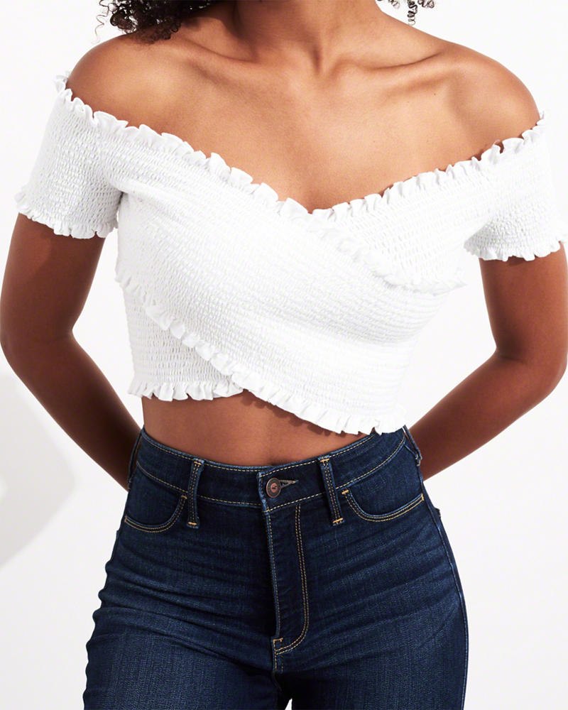 Hollister smocked off the shoulder crop top best sale